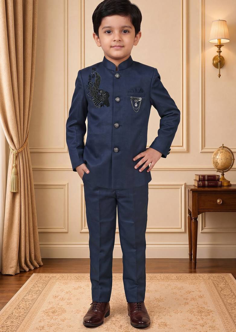 Boys navy blue satin peacock bead work embroidered indo western blazer & trouser set