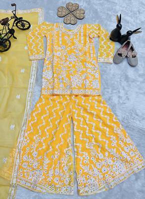 Girls yellow faux georgette with embroidery chain work kurta sharara & dupatta set 3