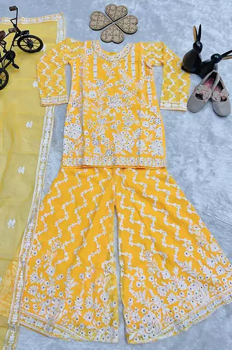 Girls yellow faux georgette with embroidery chain work kurta sharara & dupatta set