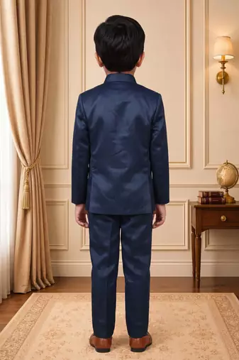 Boys navy blue satin peacock bead work embroidered indo western blazer & trouser set