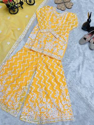 Girls yellow faux georgette with embroidery chain work kurta sharara & dupatta set 4