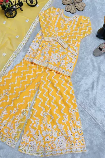 Girls yellow faux georgette with embroidery chain work kurta sharara & dupatta set