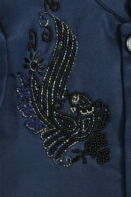 Boys navy blue satin peacock bead work embroidered indo western blazer & trouser set 3