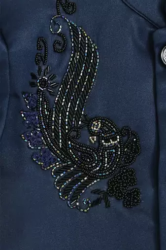 Boys navy blue satin peacock bead work embroidered indo western blazer & trouser set