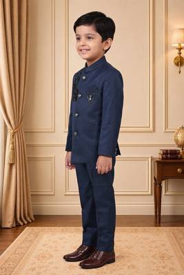 Boys navy blue satin peacock bead work embroidered indo western blazer & trouser set 4