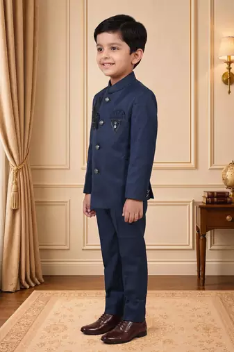 Boys navy blue satin peacock bead work embroidered indo western blazer & trouser set