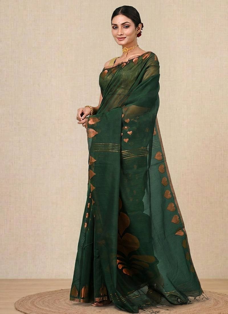green heart motifs cotton blend handspun soft saree