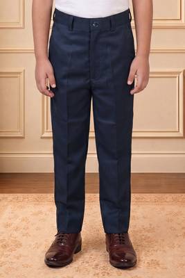 Boys navy blue satin peacock bead work embroidered indo western blazer & trouser set 5
