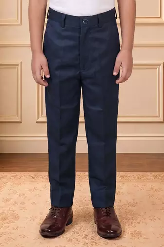 Boys navy blue satin peacock bead work embroidered indo western blazer & trouser set