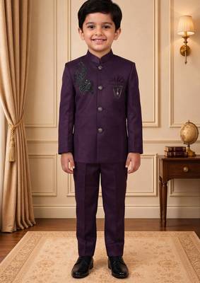 Boys wine satin peacock bead work embroidered indo western blazer & trouser set 1