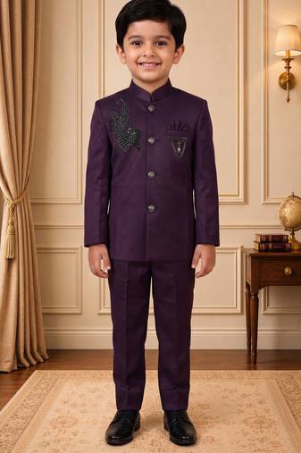 Boys wine satin peacock bead work embroidered indo western blazer & trouser set