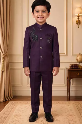 Boys wine satin peacock bead work embroidered indo western blazer & trouser set