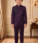 Boys wine satin peacock bead work embroidered indo western blazer & trouser set