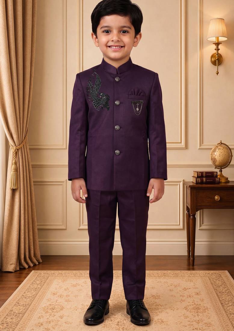 Boys wine satin peacock bead work embroidered indo western blazer & trouser set