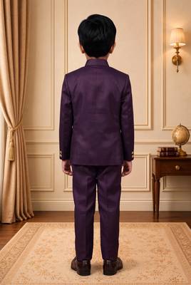 Boys wine satin peacock bead work embroidered indo western blazer & trouser set 2