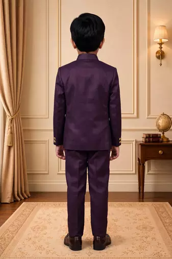 Boys wine satin peacock bead work embroidered indo western blazer & trouser set