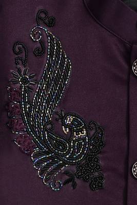 Boys wine satin peacock bead work embroidered indo western blazer & trouser set 3