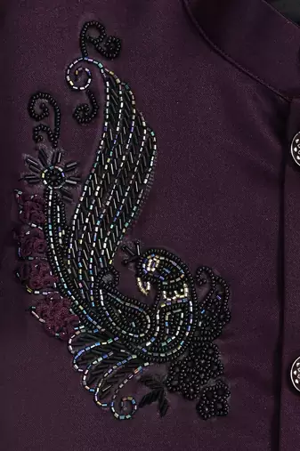 Boys wine satin peacock bead work embroidered indo western blazer & trouser set