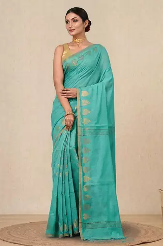 sea green heart motifs cotton blend handspun soft saree