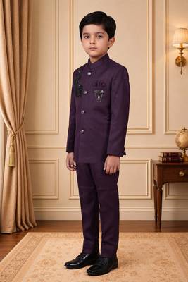 Boys wine satin peacock bead work embroidered indo western blazer & trouser set 4