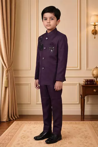 Boys wine satin peacock bead work embroidered indo western blazer & trouser set