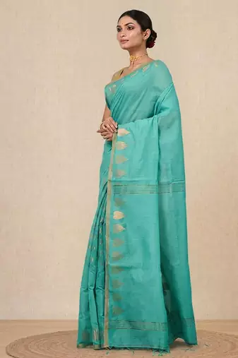 sea green heart motifs cotton blend handspun soft saree