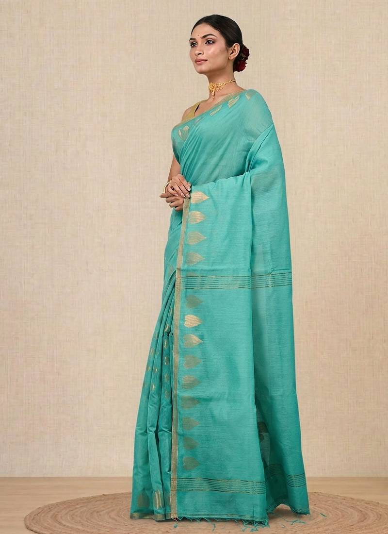 sea green heart motifs cotton blend handspun soft saree