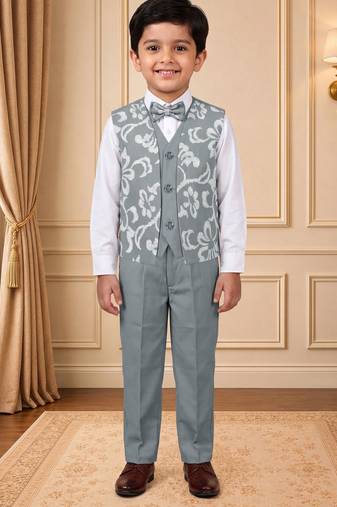 Boys light grey cotton blend floral sequined 3 piece suit set with bowtie