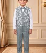 Boys light grey cotton blend floral sequined 3 piece suit set with bowtie