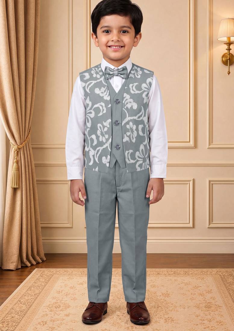 Boys light grey cotton blend floral sequined 3 piece suit set with bowtie