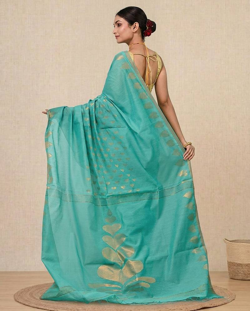 sea green heart motifs cotton blend handspun soft saree