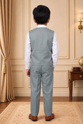 Boys light grey cotton blend floral sequined 3 piece suit set with bowtie 2