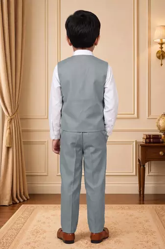 Boys light grey cotton blend floral sequined 3 piece suit set with bowtie