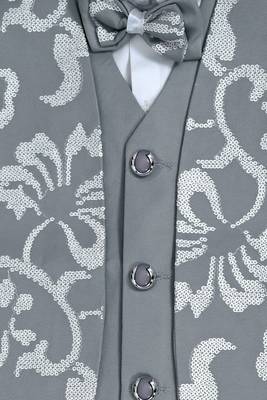 Boys light grey cotton blend floral sequined 3 piece suit set with bowtie 3