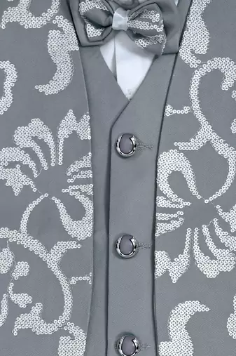 Boys light grey cotton blend floral sequined 3 piece suit set with bowtie