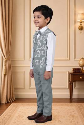 Boys light grey cotton blend floral sequined 3 piece suit set with bowtie 4
