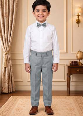 Boys light grey cotton blend floral sequined 3 piece suit set with bowtie 5