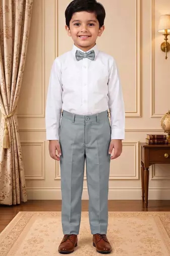 Boys light grey cotton blend floral sequined 3 piece suit set with bowtie