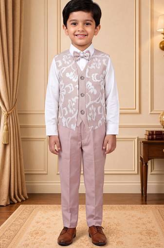 Boys light pink cotton blend floral sequined 3 piece suit set with bowtie