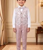 Boys light pink cotton blend floral sequined 3 piece suit set with bowtie