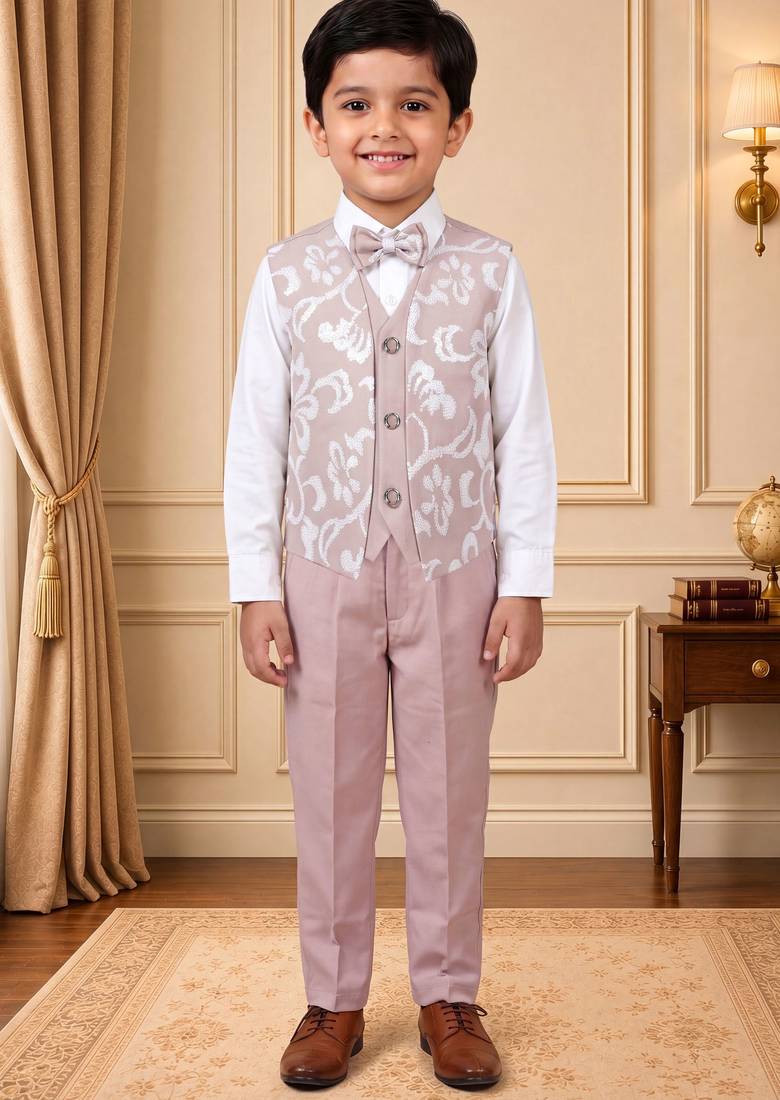 Boys light pink cotton blend floral sequined 3 piece suit set with bowtie