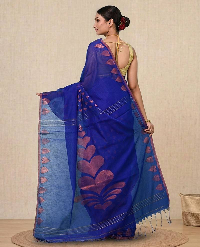 blue heart motifs cotton blend handspun soft saree