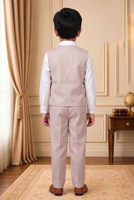 Boys light pink cotton blend floral sequined 3 piece suit set with bowtie 2