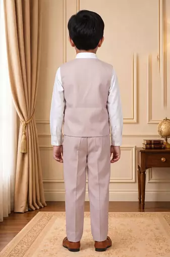 Boys light pink cotton blend floral sequined 3 piece suit set with bowtie