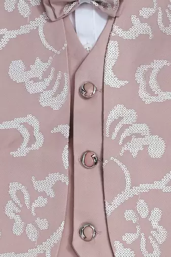 Boys light pink cotton blend floral sequined 3 piece suit set with bowtie