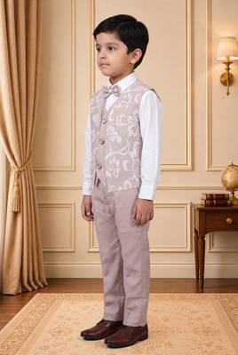 Boys light pink cotton blend floral sequined 3 piece suit set with bowtie 4