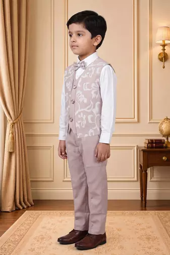 Boys light pink cotton blend floral sequined 3 piece suit set with bowtie