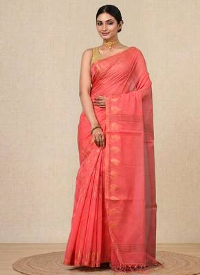 coral pink heart motifs cotton blend handspun soft saree 1