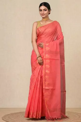 coral pink heart motifs cotton blend handspun soft saree