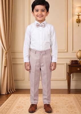 Boys light pink cotton blend floral sequined 3 piece suit set with bowtie 5